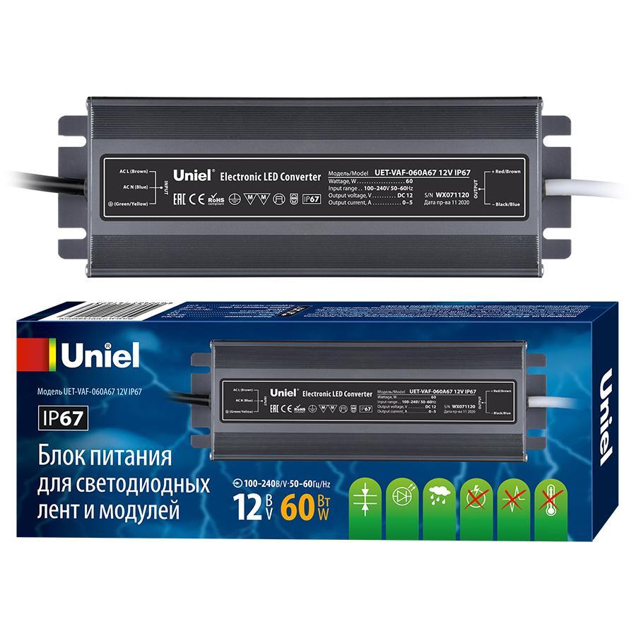 Изображение Блок питания Uniel 12V 60W IP67 5A UET-VAF-060A67 12V IP67 UL-00007575